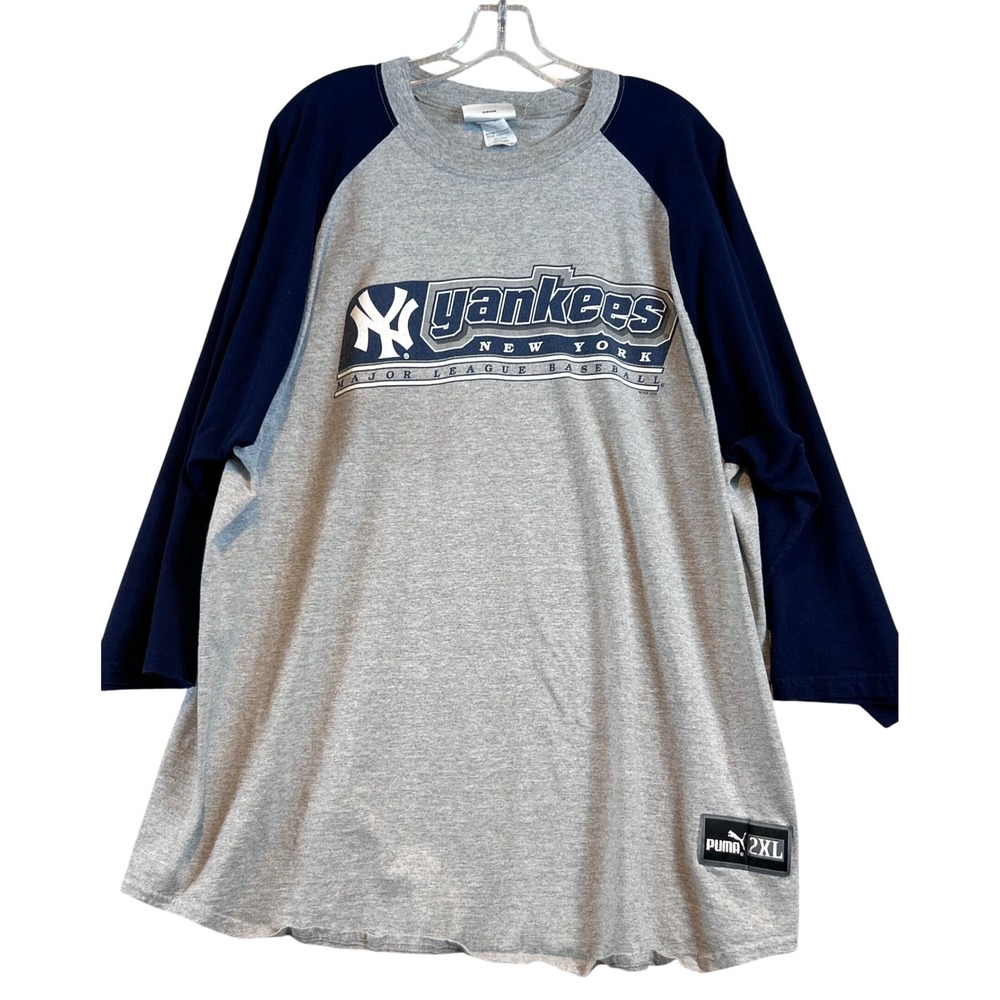 VTG Mens Puma New York Yankees MLB Raglan Baseball Shirt Gray Navy 2XL 2000